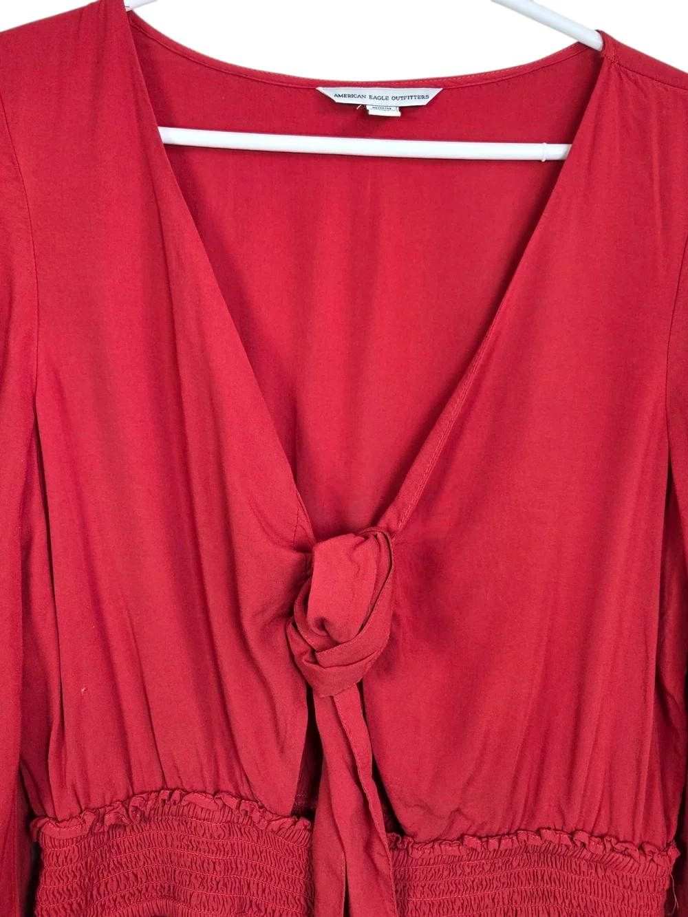 American Eagle Outfitters Blood Orange Tie-Front Romper with Eyelet Bell Sleeves - Picture 3 of 9